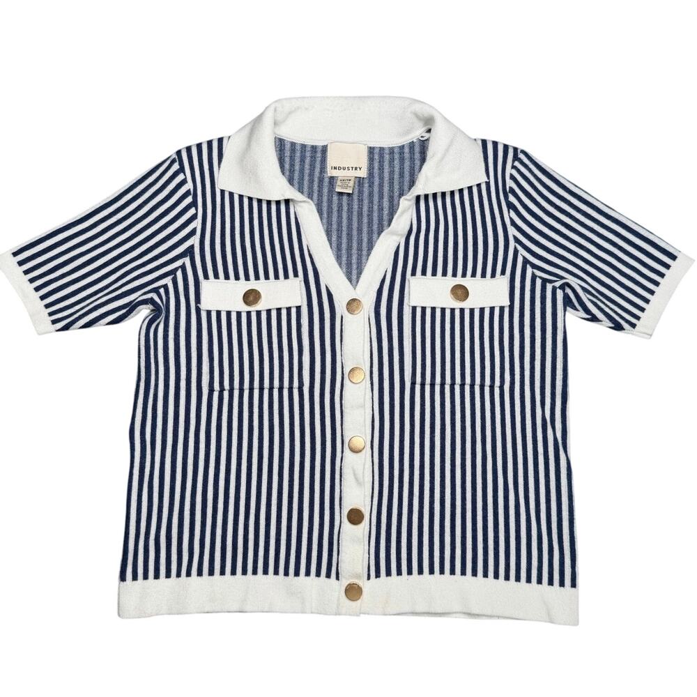 INDUSTRY Striped Knit Short Sleeve Cardigan Top Blue XS Gold Buttons Nautical